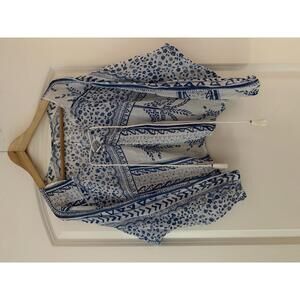 Free People Yo Yo Geo Blue and White Peasant Blouse